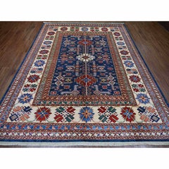 8'1"x10'2" Navy Blue Pure Wool Afghan Super Kazak with Tribal Motifs Rug