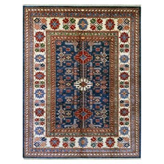 8'1"x10'2" Navy Blue Pure Wool Afghan Super Kazak with Tribal Motifs Rug