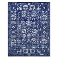 8'1 "x10'3" Tapis en laine et soie à motifs de feuilles Tabriz bleu ton sur ton, noué à la main