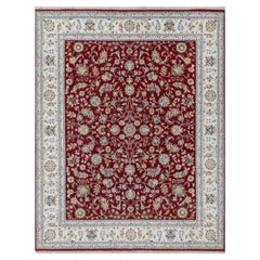 8'1"x10'3" Cherry Red Wool and Silk Nain Flower Design Hand Knotted Oriental Rug