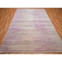8'1"x10'3" Fuscia Pink Horizontal Ombre Design Hand Knotted Pure Wool Rug