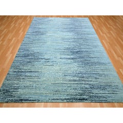 8'1"x10'4" Shades of Blue Horizontal Ombre Design Pure Wool Hand Knotted Rug