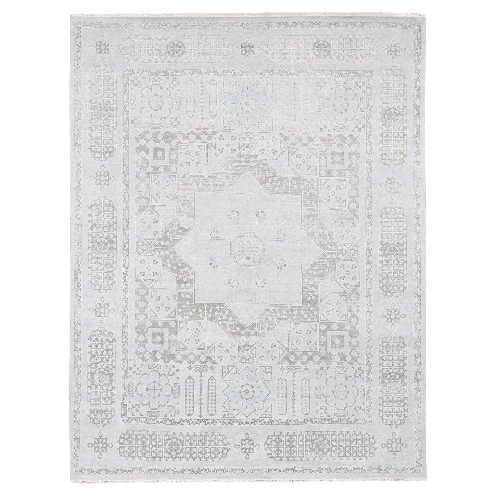8
1"x10
5" Blue Hand-Knotted Mamluk Design Pure Silk with Textured Wool Rug For Sale