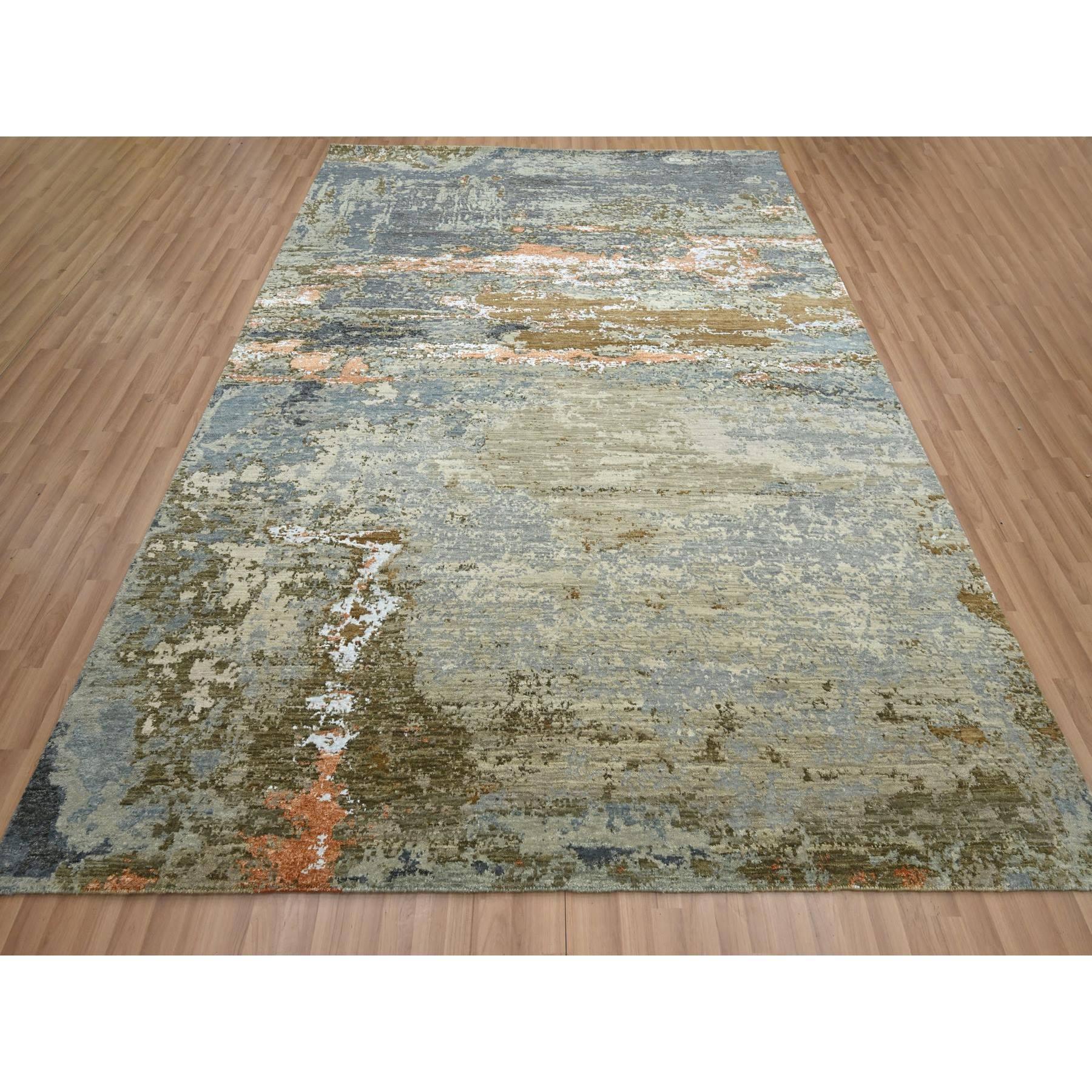 Laurel Green with Aegean Blue, Persian Knot, Abstract with Galaxy Design, Densely Woven, Pure Wool, Hand Knotted, Oriental Rug
Primary materials: Wool
Latex: No Pile 
height: 0.25 Inches
Style: Contemporary
Primary color: Green
Secondary colors: