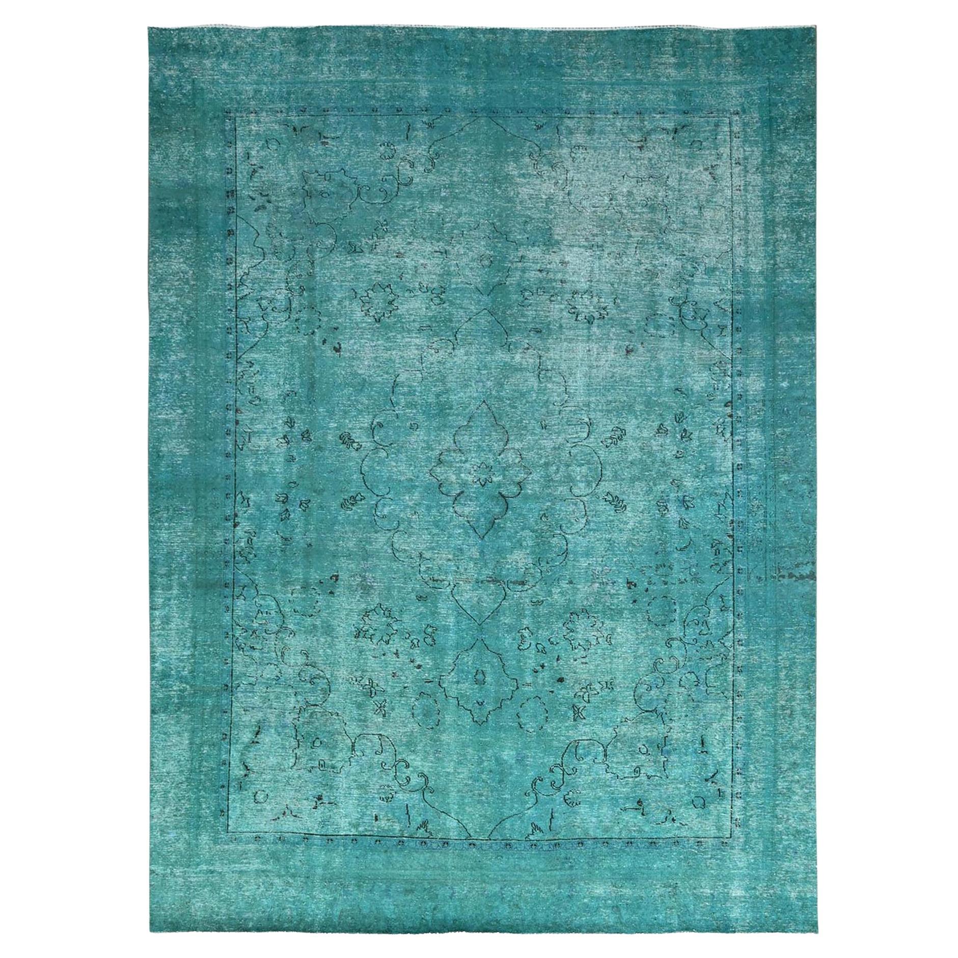 8'1"x11' Deep Green Hand Knotted Pure Wool Vintage Tabriz Clean Oriental Rug
