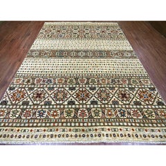 8'1"x11'3" Linen White Wool Hand Knotted Afghan Super Kazak Khorjin Design Rug