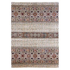 8'1"x11'3" Linen White Wool Hand Knotted Afghan Super Kazak Khorjin Design Rug