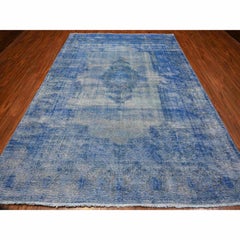 8'1"x11'5" Blue Worn Wool Hand Knotted Vintage Zoroastrian Karman Overdyed Rug