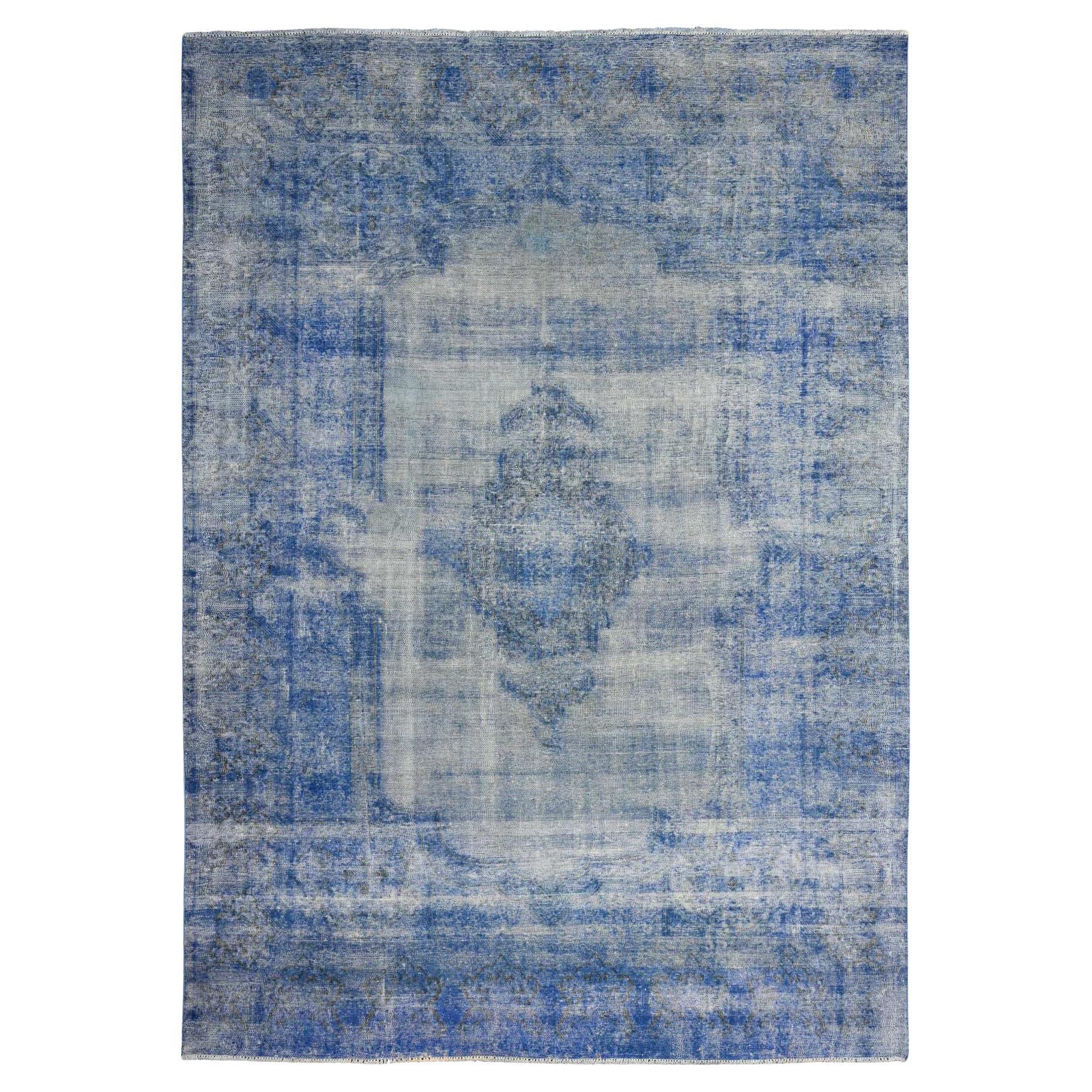 8'1"x11'5" Blue Worn Pile Wool Hand Knotted Vintage Persian Kerman Overdyed Rug