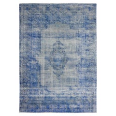 8'1"x11'5" Blue Worn Pile Wool Hand Knotted Vintage Persian Kerman Overdyed Rug