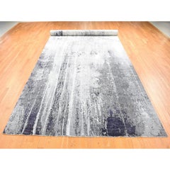 8'1"x23'10" Gray Modern Abstract Design Wool and Silk Hand Knotted Oriental Rug
