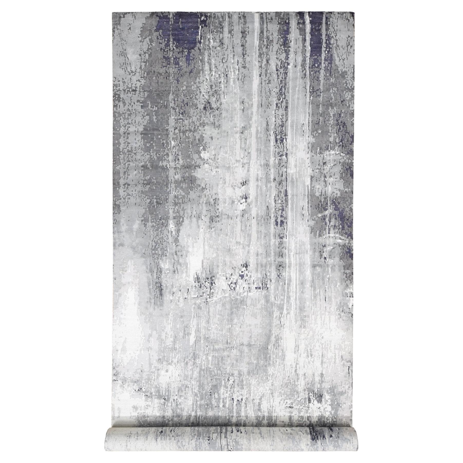 8'1 "x23'10" Alfombra Oriental Anudada a Mano de Lana y Seda con Diseño Abstracto Moderno Gris