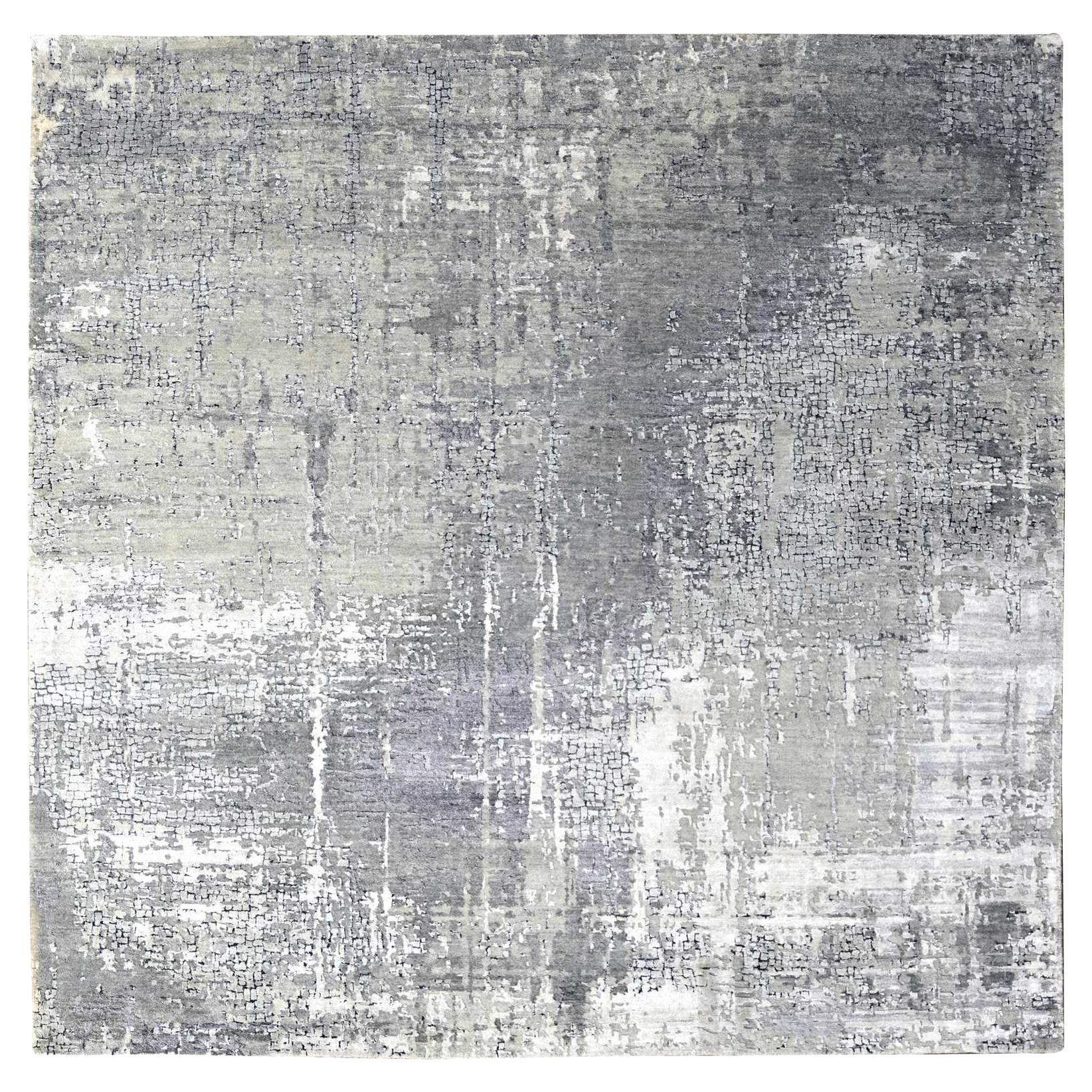 8'1"x7'9" Nevada Gray Abstract Design Wool and Silk Hand Knotted Square Rug