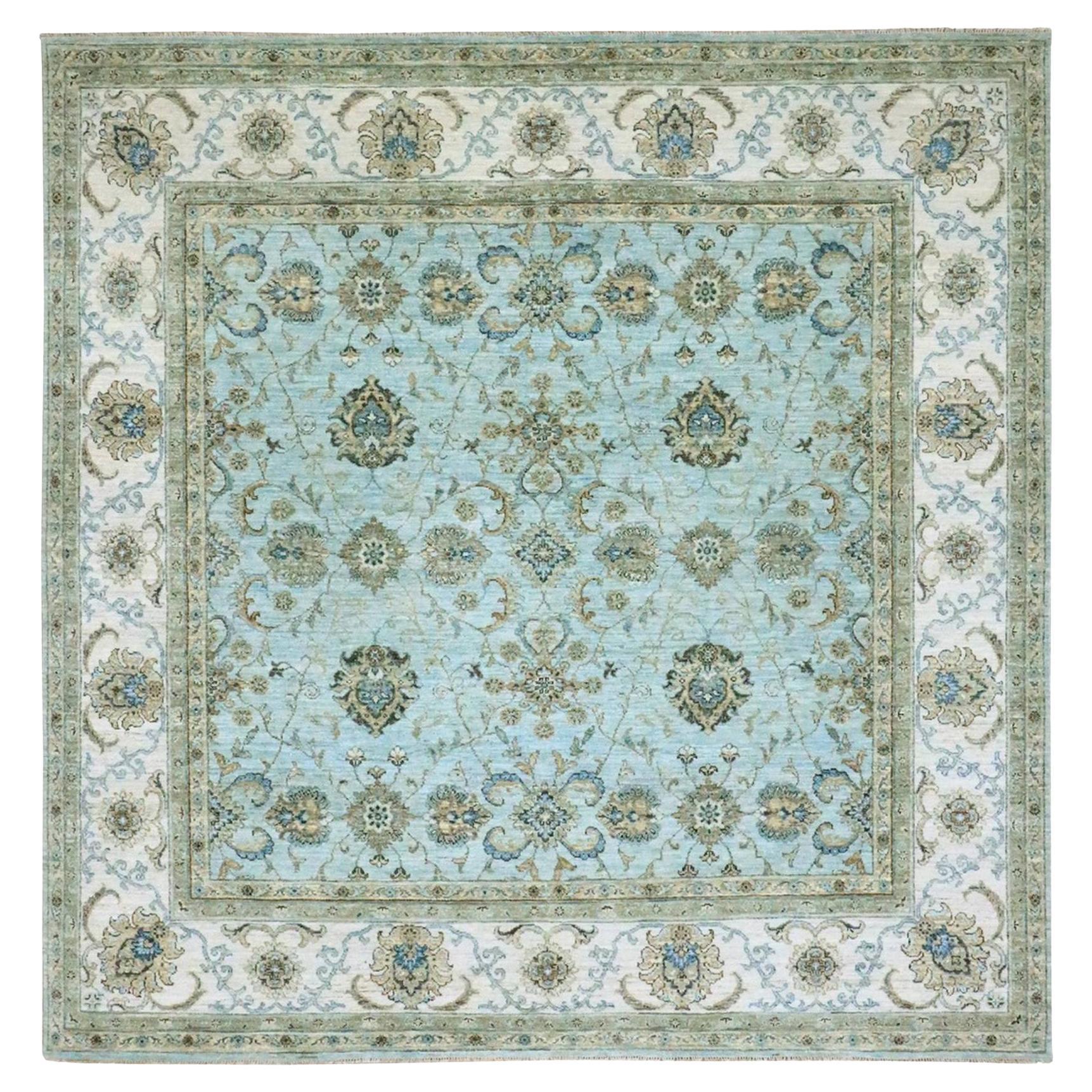 8'1"x8'1" Blue Agra Shah Abbas Vines Design Pure Wool Hand Knotted Square Rug