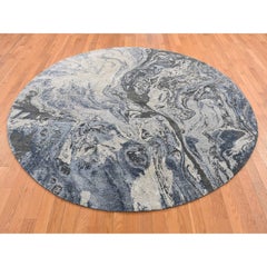 8'1"x8'1" Blue Geological Galaxy Design Wool and Silk Hand Knotted Round Rug