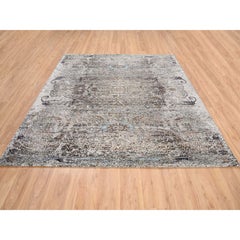 8'1"x8'1" Grauer handgeknüpfter quadratischer Teppich aus Seide und Wolle mit persischem, gerafftem, gerafftem Design