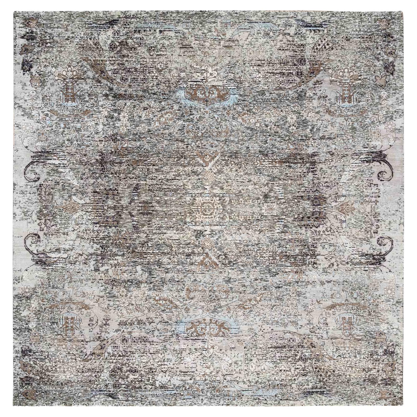 8'1 "x8'1" Alfombra cuadrada de lana de seda con diseño borrado de influencia persa anudada a mano gris