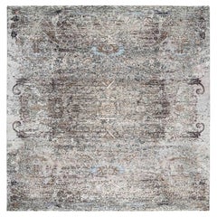 8'1 "x8'1" Tapis carré gris noué à la main Persian Influence Erased Design Silk-Wool
