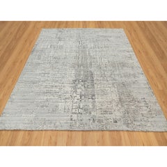 8'1"x8'1" Gray, Hand Spun, Undyed Natural Wool, Modern Design, Hand Knotted Rug