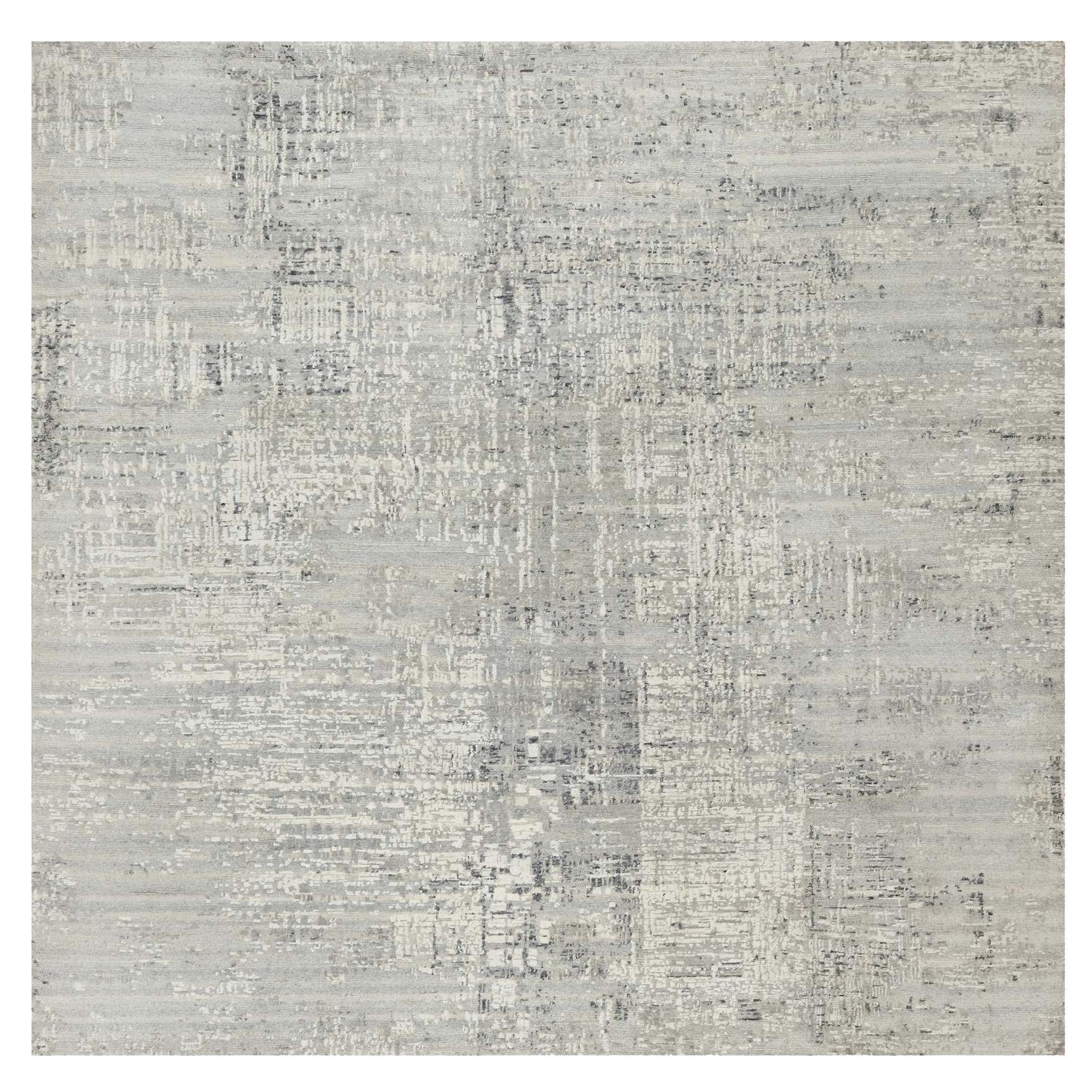 8'1"x8'1" Gray, Hand Spun, Undyed Natural Wool, Modern Design, Hand Knotted Rug