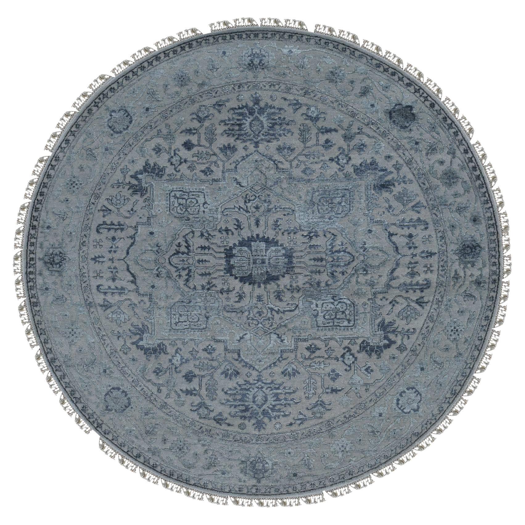 8'1"x8'1" Gray, Heriz Design, Wool and Silk, Hand Knotted Round Rug
