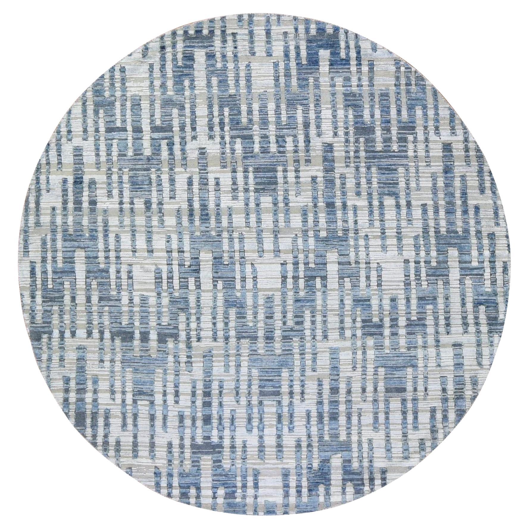 8'1"x8'1" Hand Knotted Pure Silk and Textured Wool Zigzag with Graph Design Rug