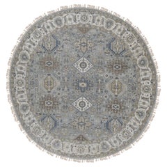 8'1"x8'1" gris argenté ancien, design Karajeh, pure laine, nouée à la main, tapis rond