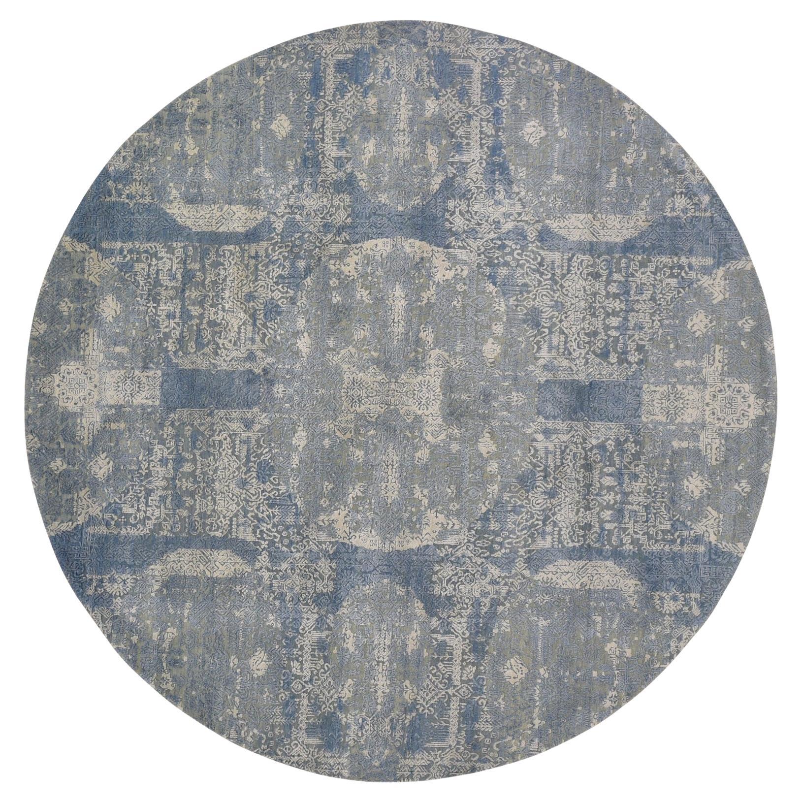 8'1 "x8'1" Tappeto rotondo blu in lana e pura seta con disegno di gioielli annodato a mano