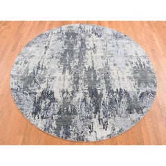 8'1"x8'1" Smokey Gray Abstract Design Wool and Pure Silk Hand Knotted Round Rug