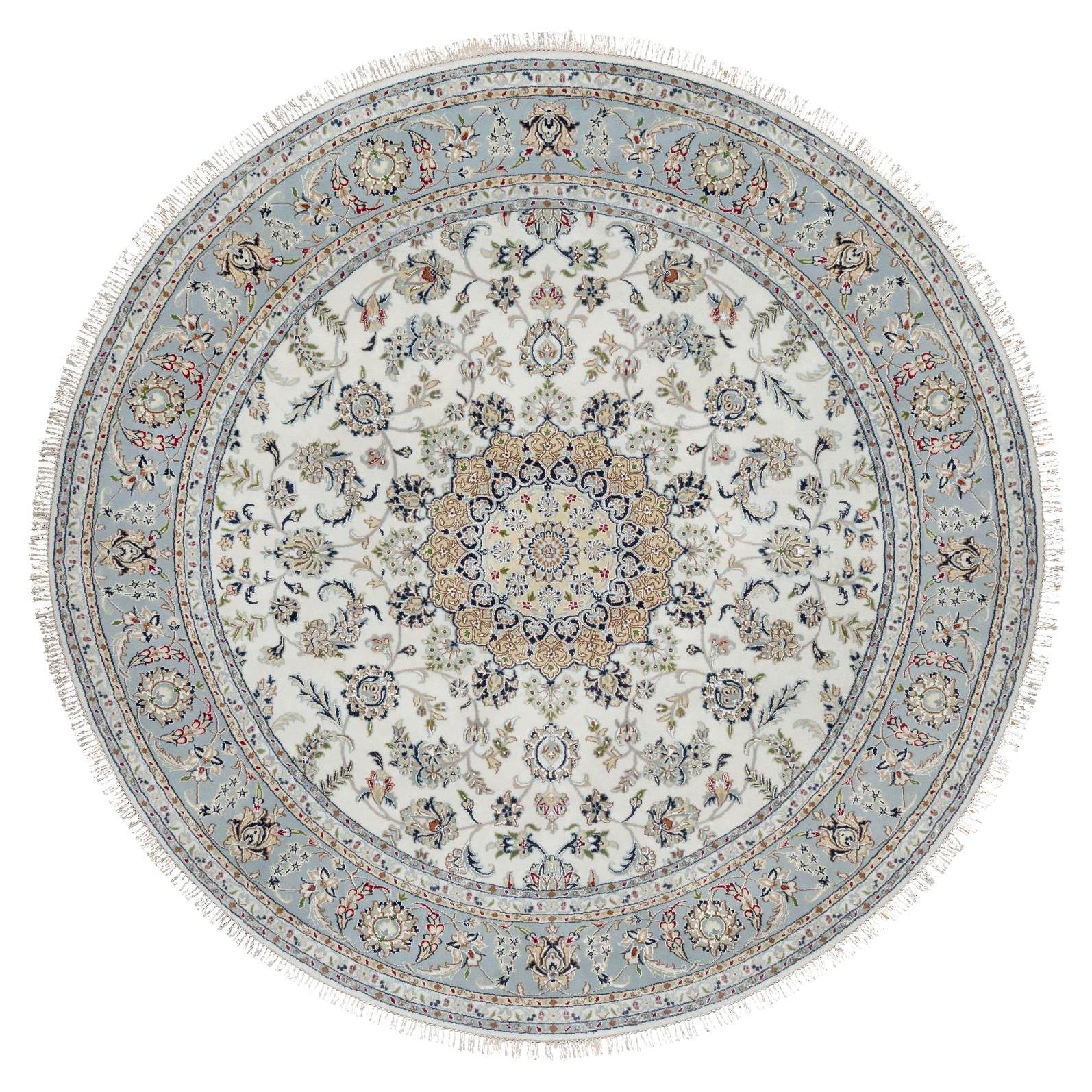 8'1"x8'1" White Nain Floral Design Hand Knotted 250 KPSI Wool and Silk Round Rug