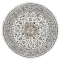 8'1 "x8'1" Alfombra Redonda de Lana y Seda Anudada a Mano 250 KPSI con Diseño Floral Nain Blanco