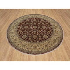 8'1"x8'1" Wine Red Hereke All Over Design Wool and Silk Hand Knotted Round Rug
