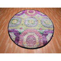 8'1"x8'1" Yellow with Pink Mamluk Design Silk with Wool Hand Knotted Round Rug
