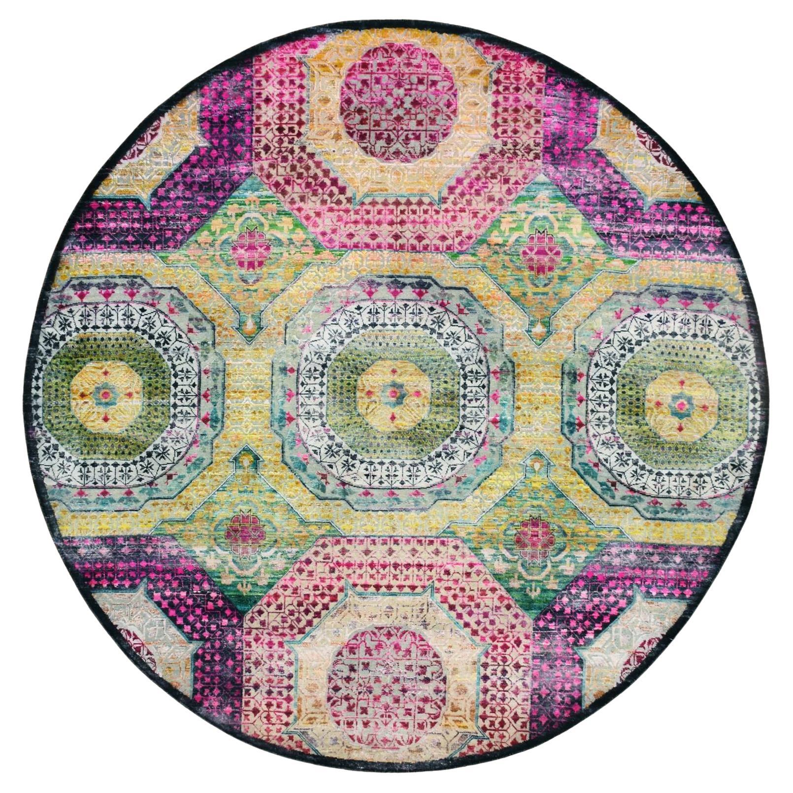 8'1"x8'1" Yellow with Pink Mamluk Design Silk with Wool Hand Knotted Round Rug