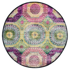 8'1 "x8'1" Tapis rond noué à la main en soie et laine, jaune avec design amne rose