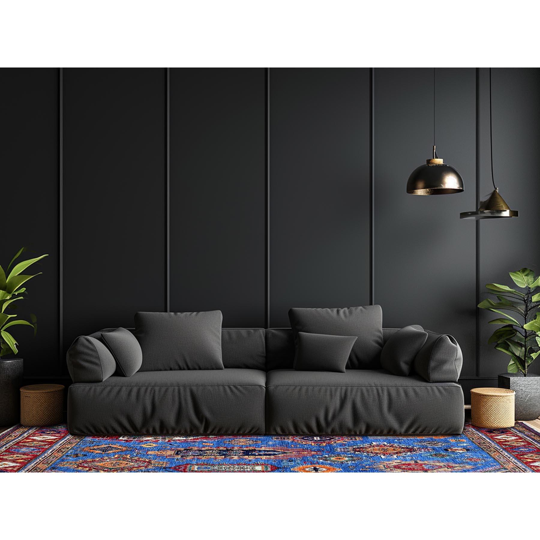 Bayern Blau, Afghanischer Ersari mit türkischem Knoten, Kaukasisches Design Revival, Pflanzenfarben, Handgeknüpft, 100% Wolle, Orientteppich
Primäre MATERIALIEN: Wolle
Latex: Kein Flor 
Höhe: 0,25 Zoll
Stil: Traditionell
Grundfarbe: Blau
Sekundäre