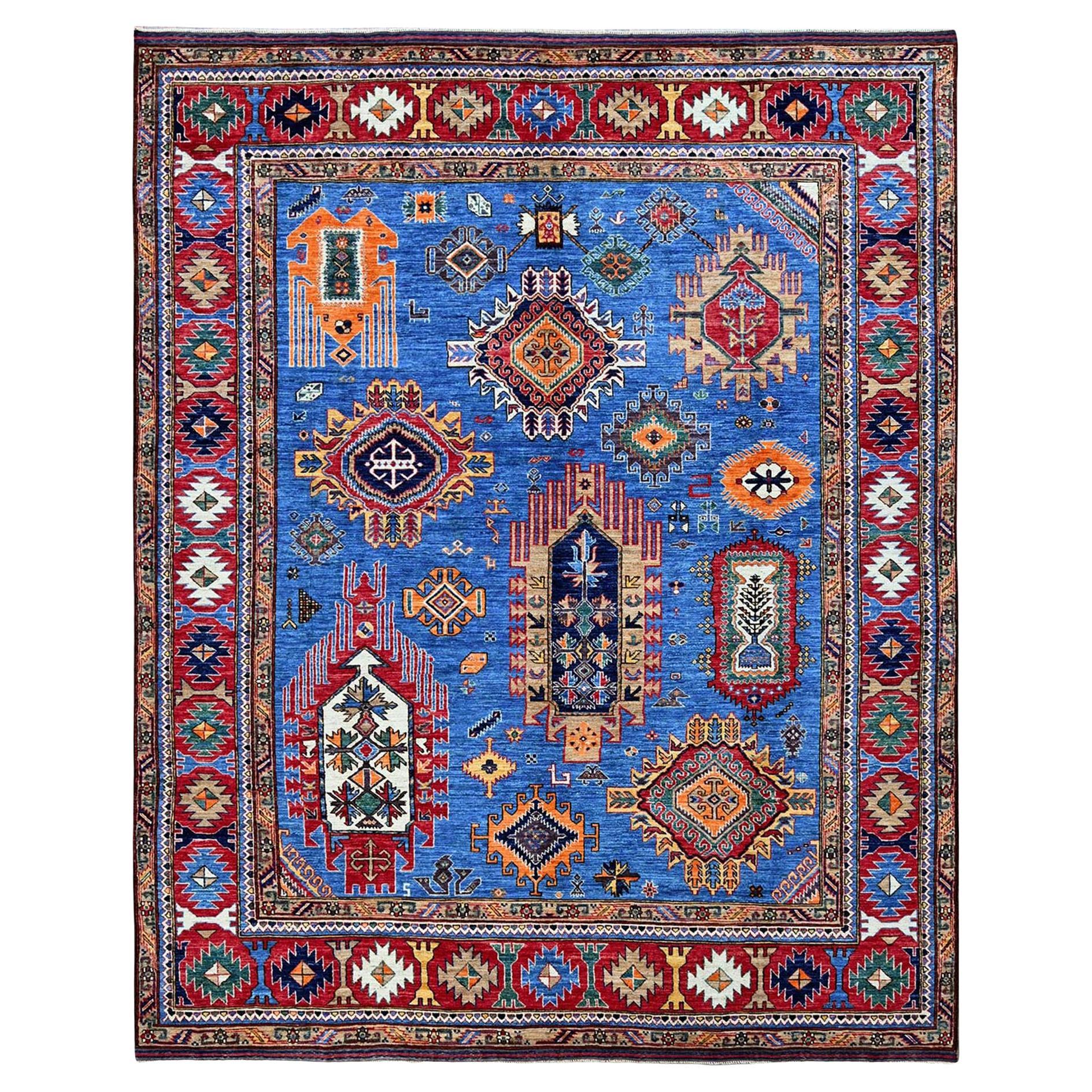 8'1 "x9'10" Blauer afghanischer Ersari Kaukasischer Design Revival Handgeknüpfter Wollteppich im Angebot
