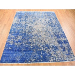 8'1"x9'10" Denim Blue Hand-Knotted Abstract Design Wool and Silk Oriental Rug
