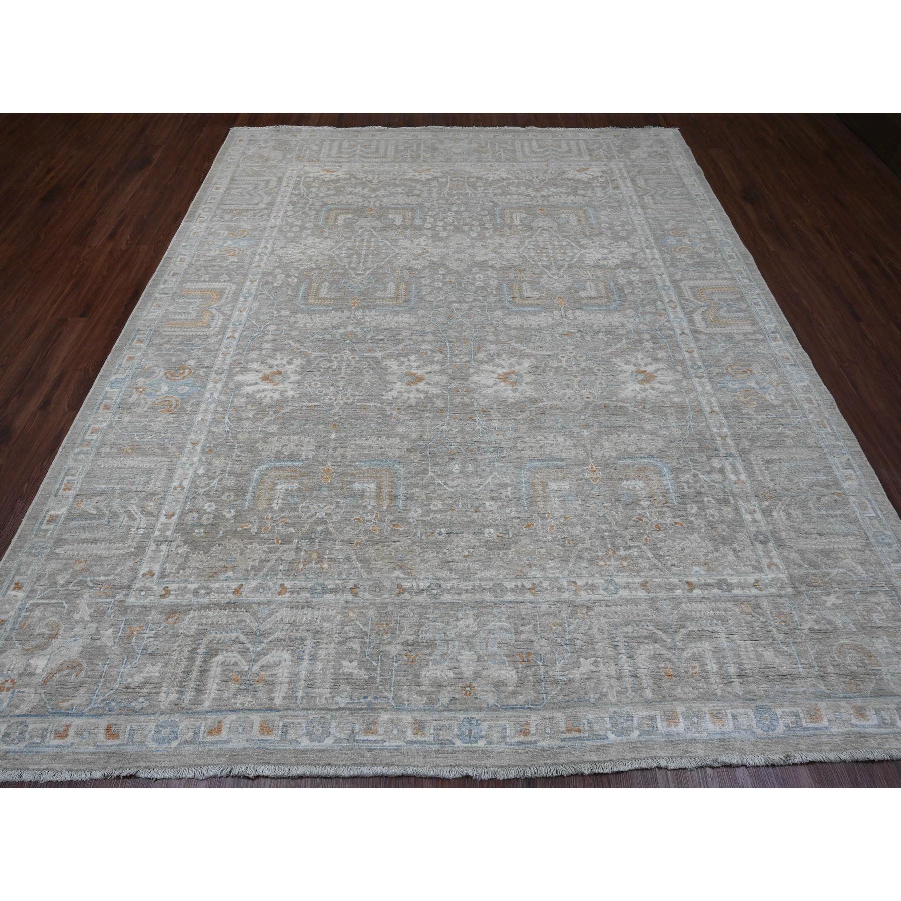 Stone Gray, Peshawar with Willow Tree Design, Veggie Dyes, Hand Knotted, Pure Wool, Densely Woven, Oriental Rug
Primary materials: Wool
Latex: No Pile
 height: 0.25 Inches
Style: Transitional
Primary color: Grey
Secondary colors: Orange, Blue,