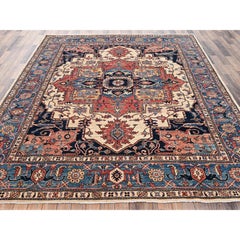 8'1"x9'10" Ivory Serapi Heriz with Medallion Design Hand Knotted Soft Wool Rug