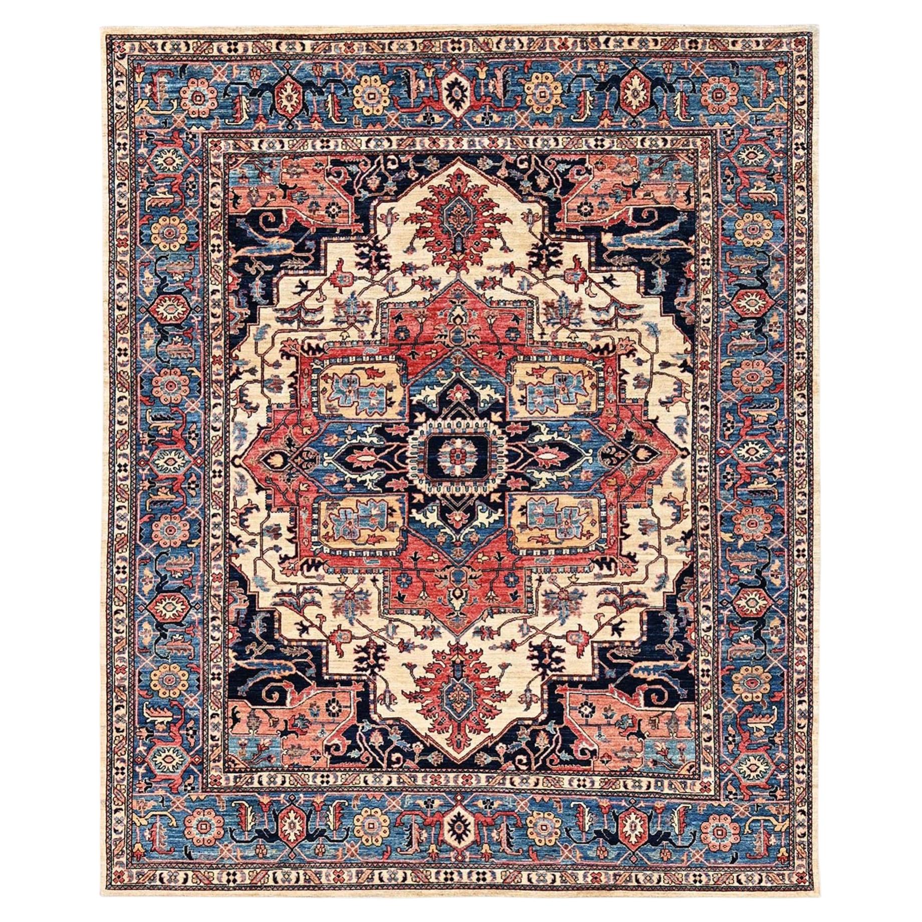 8'1"x9'10" Ivory Serapi Heriz with Medallion Design Hand Knotted Soft Wool Rug