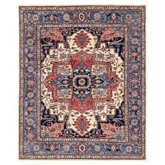 8'1"x9'10" Ivory Serapi Heriz with Medallion Design Hand Knotted Soft Wool Rug