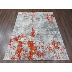 8'1"x9'10" Orange & Gray Wool & Silk Abstract Design Hand Knotted Oriental Rug
