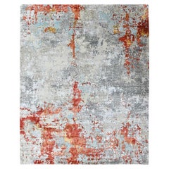 8'1"x9'10" Orange & Gray Wool & Silk Abstract Design Hand Knotted Oriental Rug
