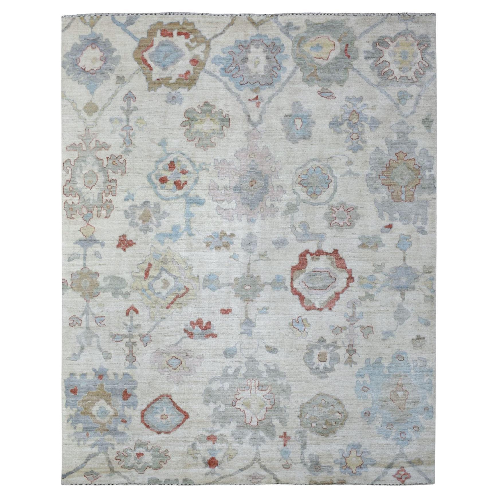 8'1"x9'10"Ivory Ivory Hand Knotted Afghan Angora Oushak Pure Wool Oriental Rug