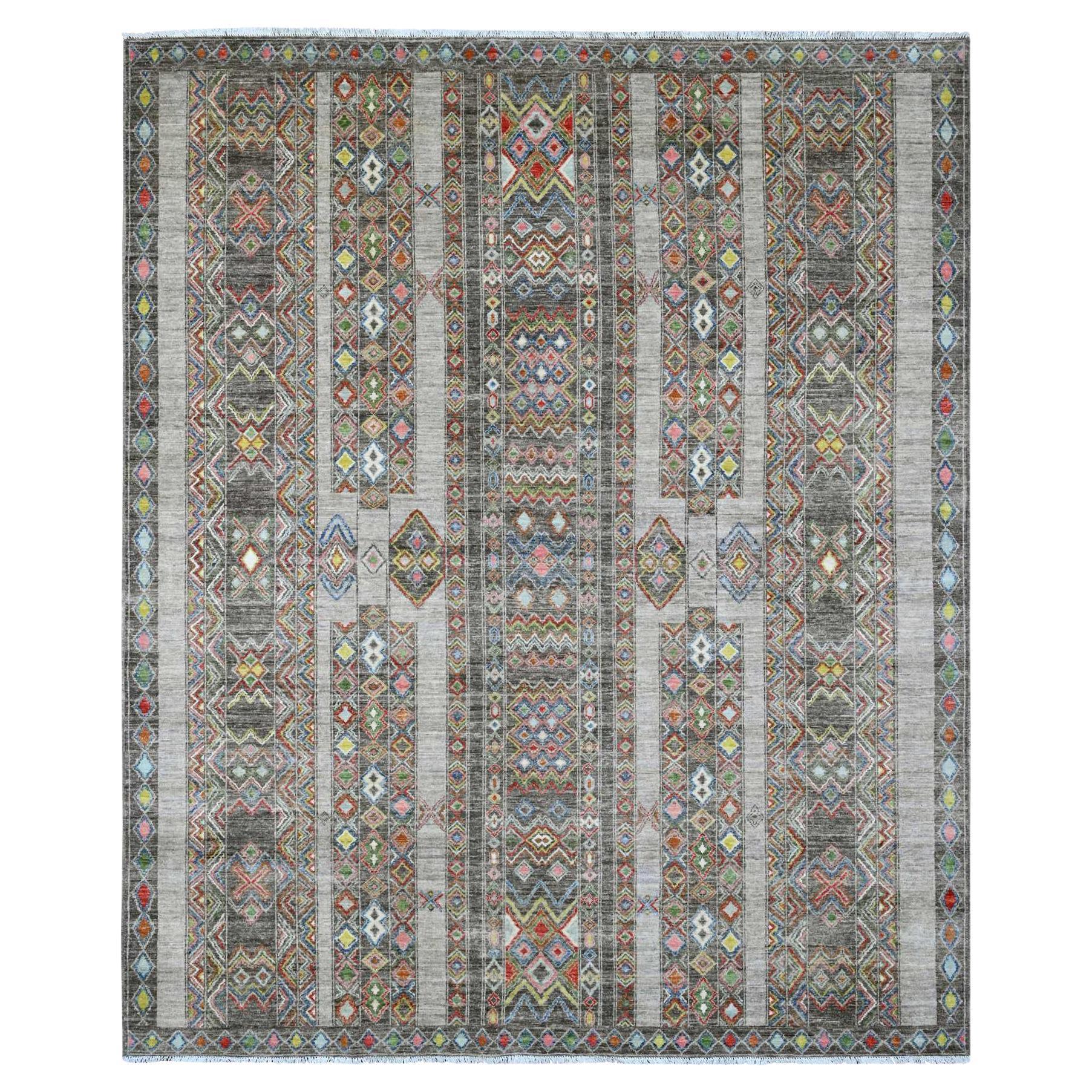 8'1"x9'6" Gray Intricate Geometric Design Berber Influence Hand Knotted Wool Rug For Sale