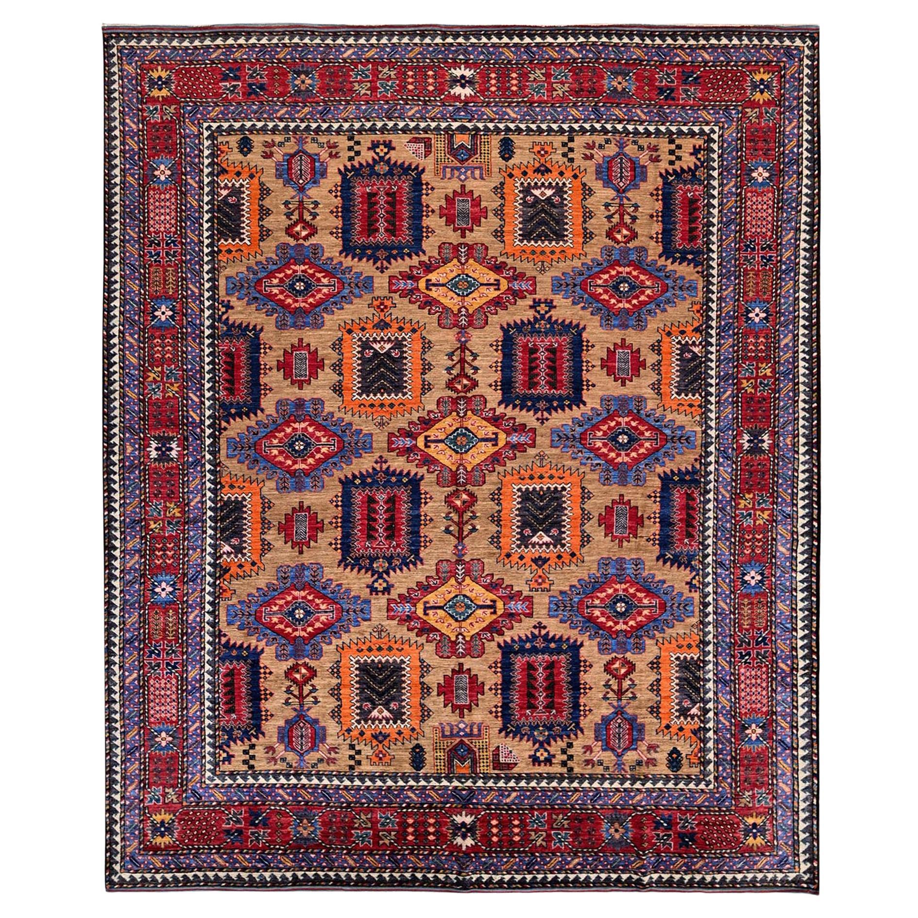 8'1"x9'7" Beige Afghanischer Ersari Kaukasischer Design Revival Handgeknüpfter Teppich aus aller Wolle