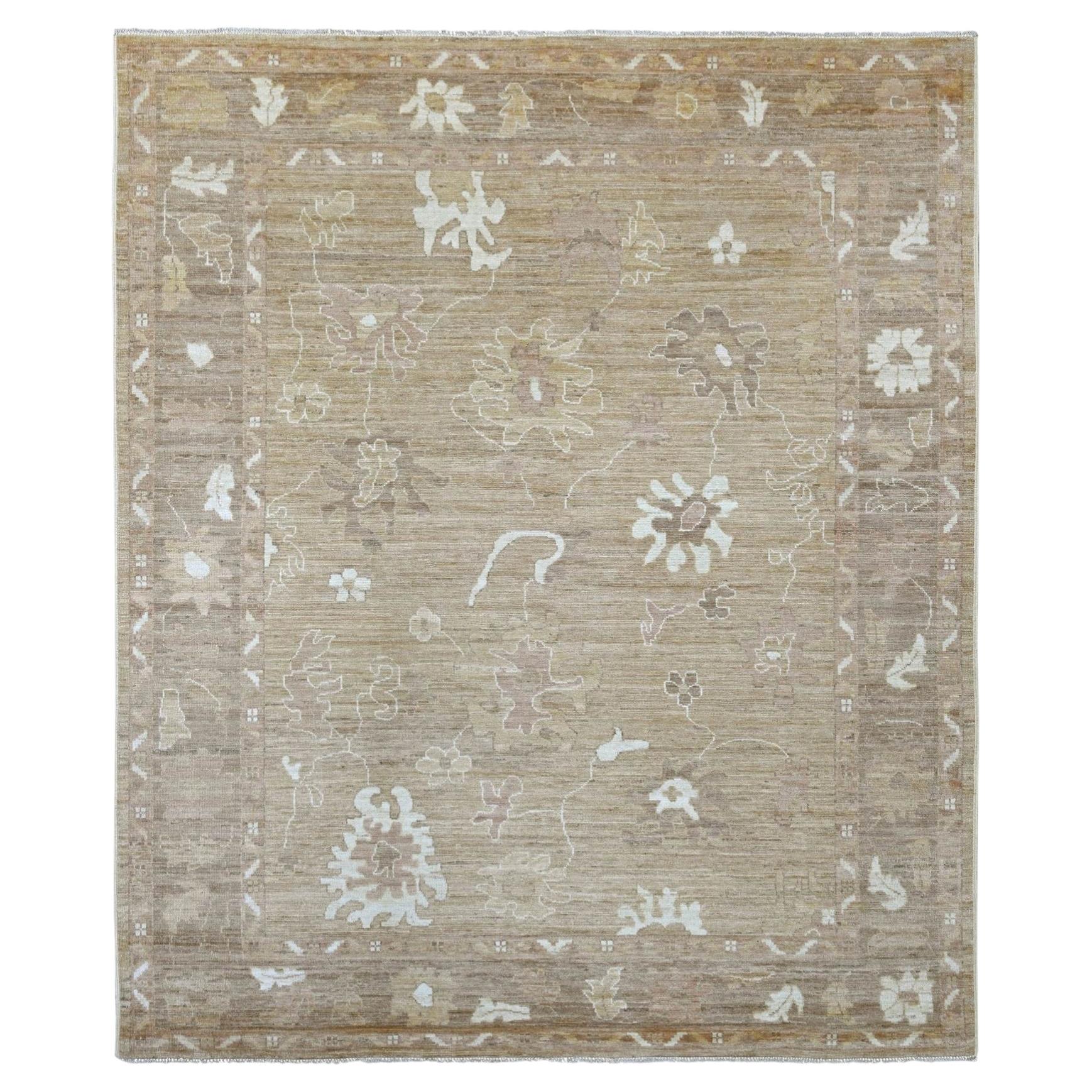 8'1"x9'7" Brown Afghan Angora Oushak Leaf Design Hand Knotted Wool Oriental Rug
