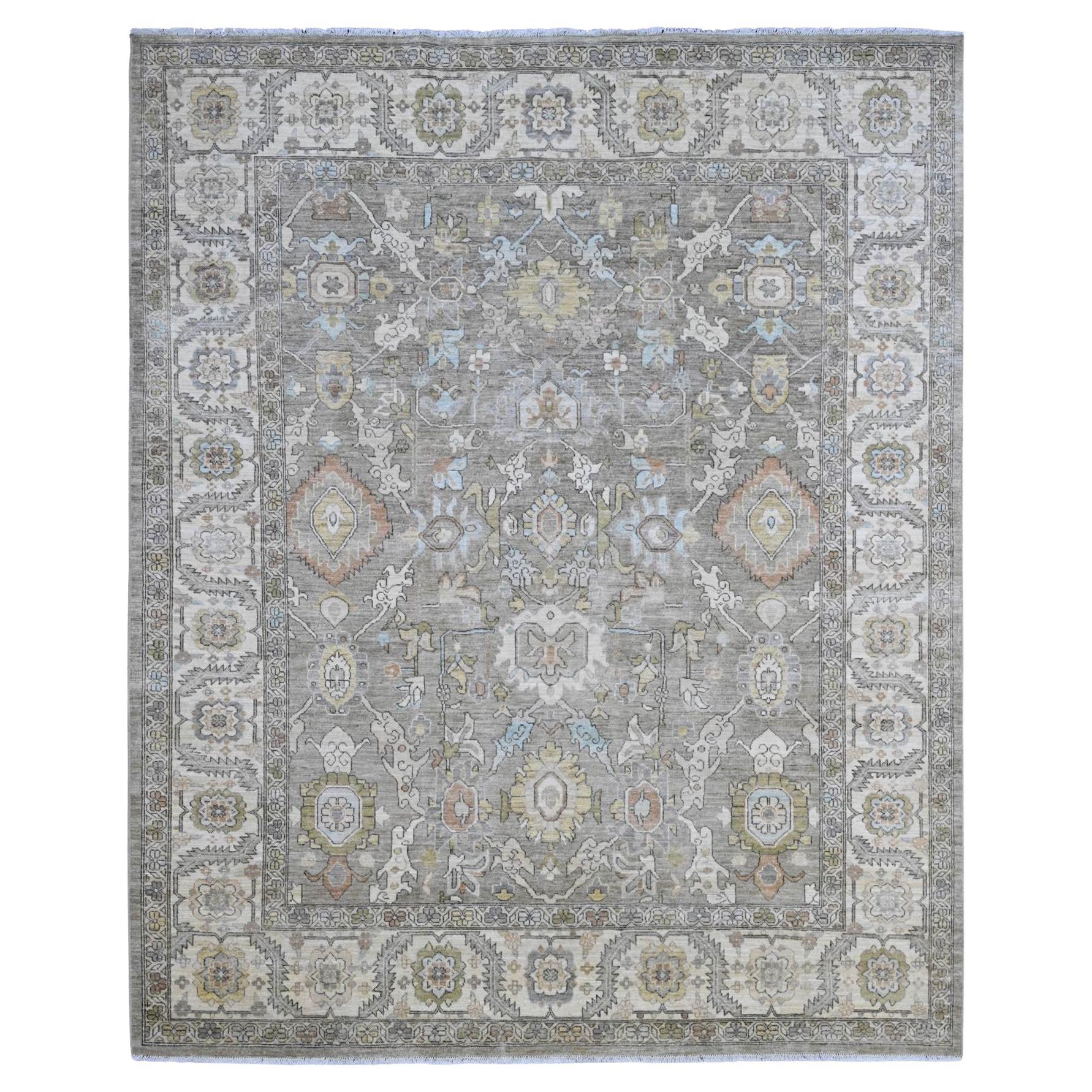 8'1"x9'7" Brown Peshawar Heriz All Over Design Pure Wool Hand Knotted Rug