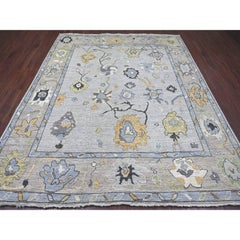 8'1 "x9'7" Gris Niebla Alfombra afgana de angora anudada a mano con diseño de hojas Oushak de pura lana